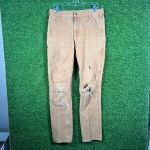 Carhartt Straight Fit Work Pants Tan Brown Men's 34x34 Distressed Ripped Paint